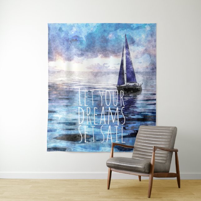 Tenture Dream Sail Inspirational Citation Ocean Blue Sunse (En situation)