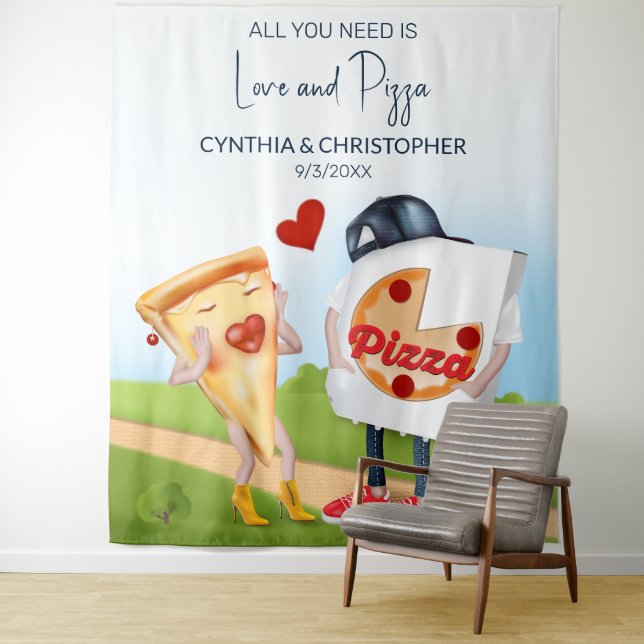 Tenture Drôle Fête des mariées de pizza fond (En situation)