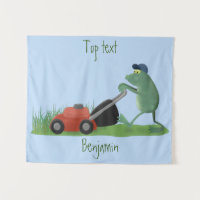 Drôle grenouille verte tondre la pelouse dessin