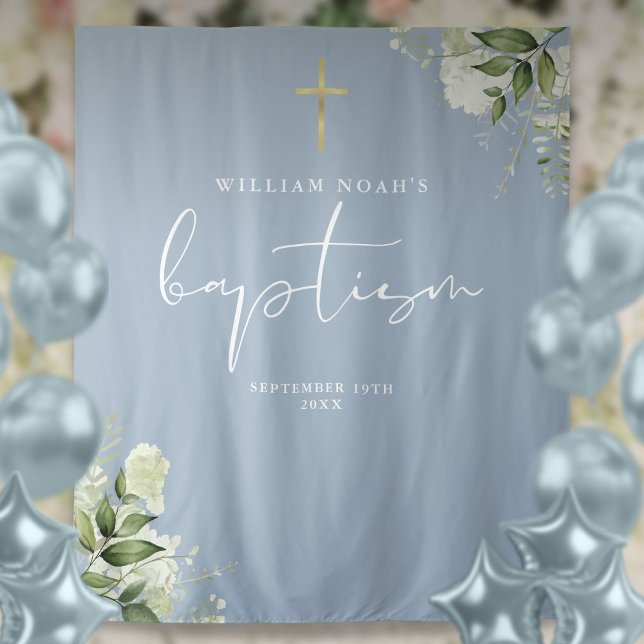 Tenture Dusty Blue Greenery Baptism fond photo (Dusty Blue Greenery Baptism Photo Backdrop)