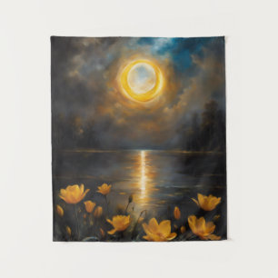 Tenture Eclipse solaire lac de peinture avec fleurs