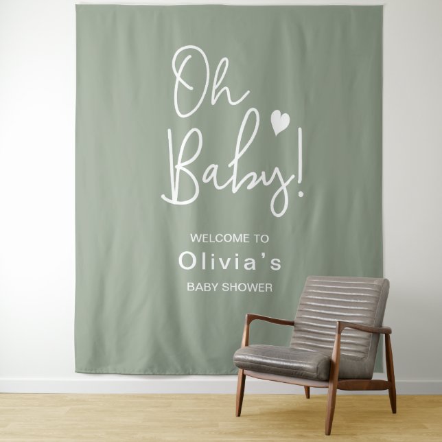 Tenture Écriture moderne Neutral Baby shower vert Oh Baby (En situation)