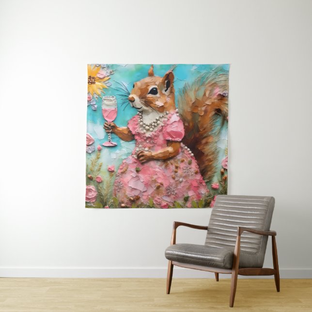 Tenture Écureuil en robe rose (En situation)