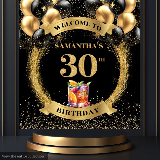 Tenture Elégant 30e anniversaire Black Gold Parties scinti (Elegant 30th Birthday Black Gold Glitter Backdrop)