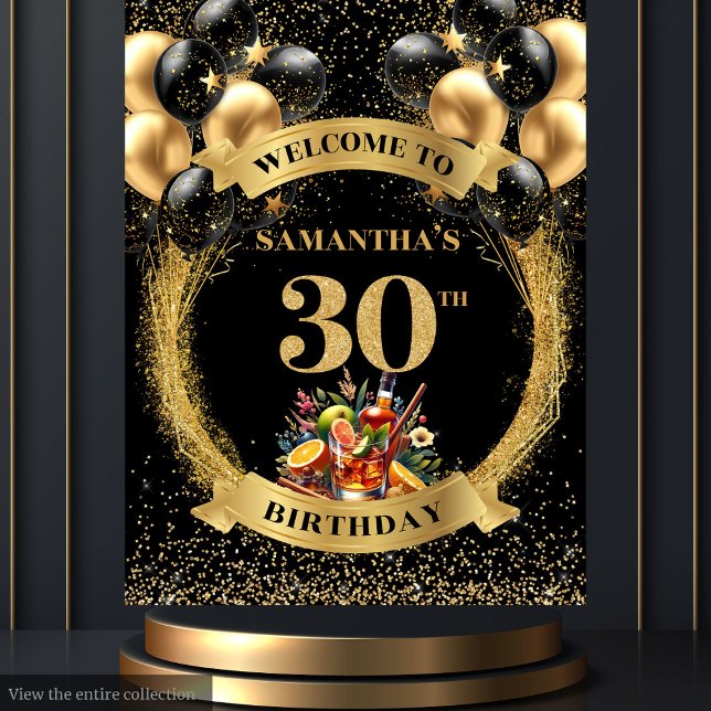 Tenture Élégant 30e anniversaire Cocktail Whiskey Bannière (Stylish 30th Birthday Cocktail Whiskey Banner)