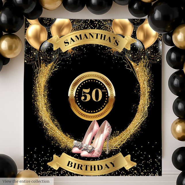 Tenture Élégant 50e anniversaire bannière Parties scintill (Stylish 50th Birthday Banner Glitter Pink Heels Tapestry)