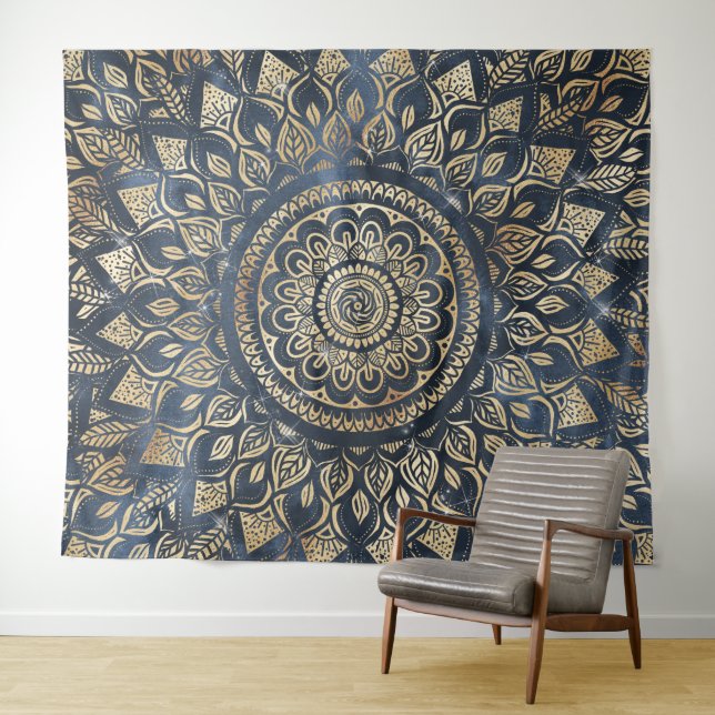 Tenture Elégant bleu or Mandala Floral (En situation (horizontale))
