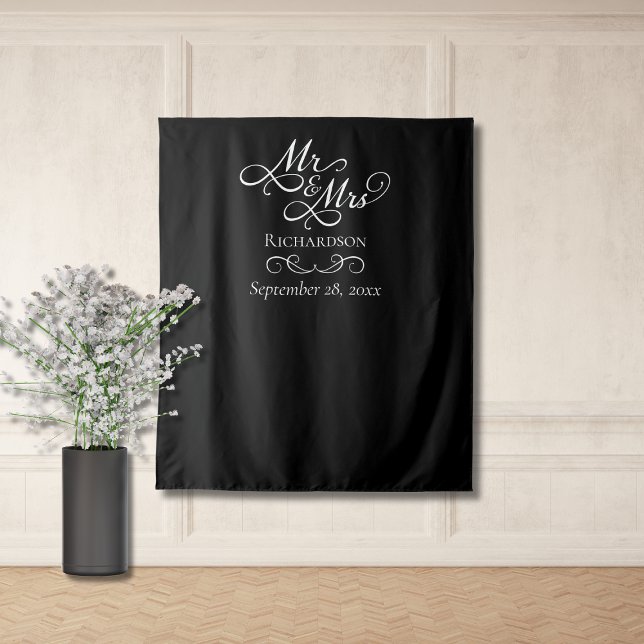 Tenture Elégant cadre photo de mariage (elegant black and white wedding reception photo backdrop photobooth for guests, mr and mrs script)