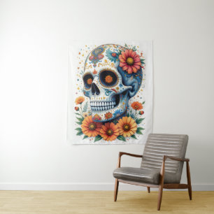 Tenture Elégant crâne de sucre avec fleurs