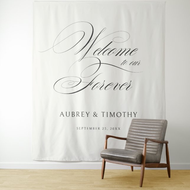 Tenture Elegant Ecru Black Calligraphy Mariage Bienvenue (En situation)