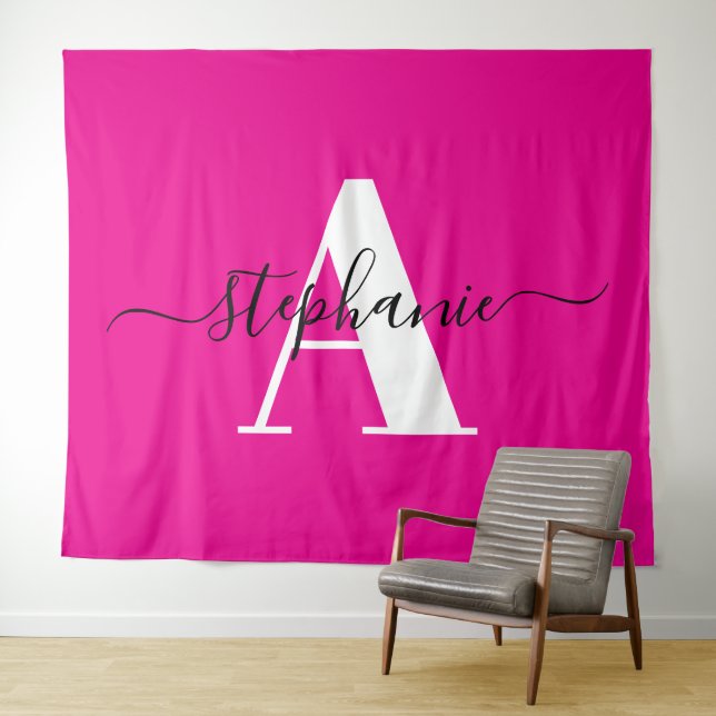 Tenture Élégant grand monogramme A rose chaud Script (En situation (horizontale))