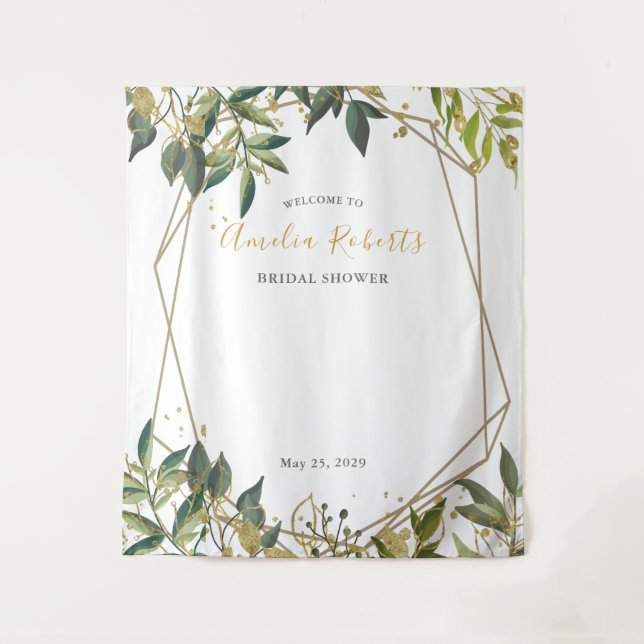 Tenture Elegant Greenery et Fleurs dorées pour une Baby Sh (Devant)