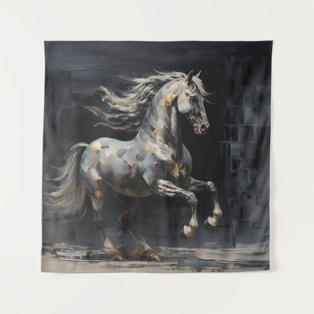 Tenture Elégant Gris Abstrait avec Cheval baroque d'or (Devant)