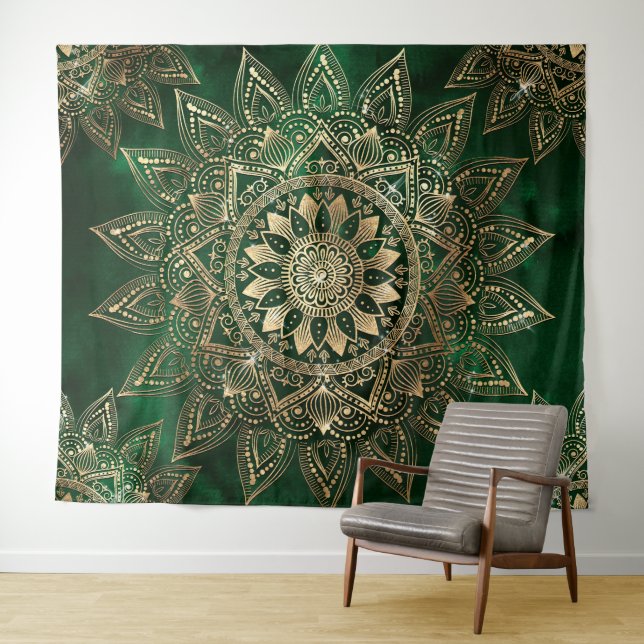 Tenture Elégant Mandala Vert Or (En situation (horizontale))