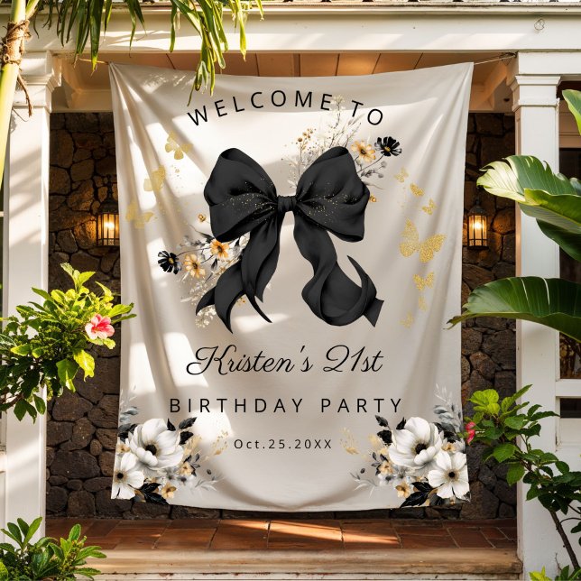 Tenture Elégant Noir Coquette Bow Fleurs sauvages Annivers (Elegant Black Bow and Floral Birthday Tapestry decoration)