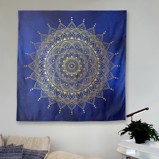 Tenture Elégant or sur Deep Blue Floral Henna Mandala (Créateur téléchargé)