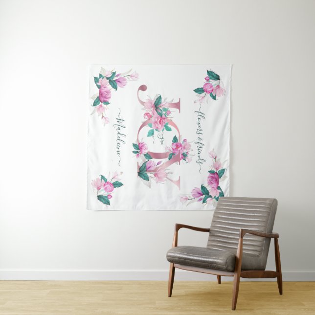 Tenture Elégant Pink Peonies Aquarelle Joy Lettres (En situation (horizontale))