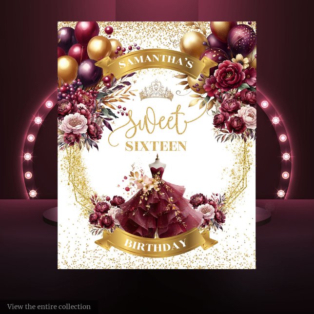 Tenture Élégant Sweet 16 fond Bourgogne robe Ballons (Elegant Sweet 16 Backdrop Burgundy Dress Balloons)