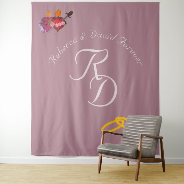 Tenture Elegant Two Hearts Catholic Monogrammed Wedding (En situation)