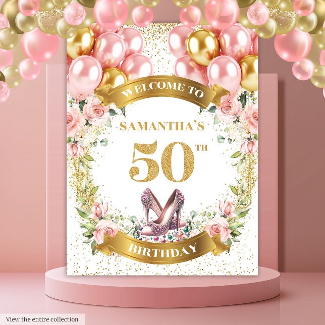 Tenture Élégante 50e anniversaire de Blush Flowers Parties (Stylish 50th Birthday Blush Flowers Gold Glitter Tapestry)
