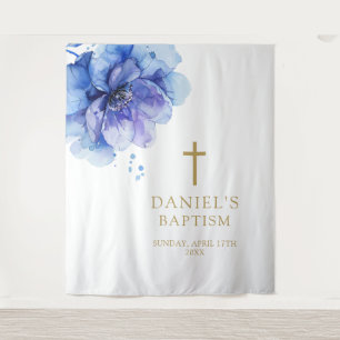 Tenture Elégante aquarelle bleue Floral Baptême fond