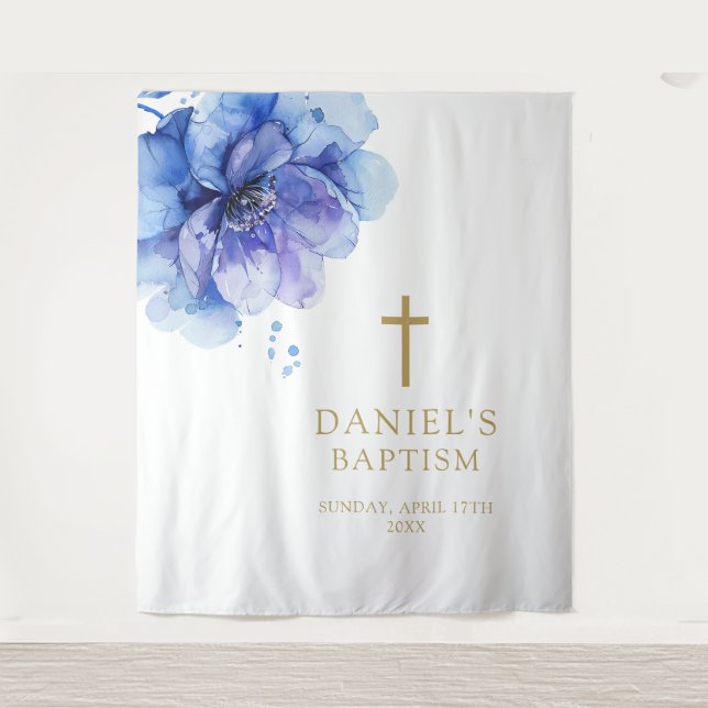 Tenture Elégante aquarelle bleue Floral Baptême fond (Devant)