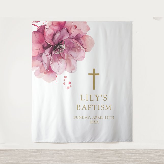 Tenture Elégante aquarelle rose Baptême floral fond (Devant)