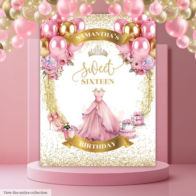 Tenture Élégante bannière Sweet sixteen rose robe or Ballo (Elegant Sweet Sixteen Banner Pink Dress Gold Balloons)