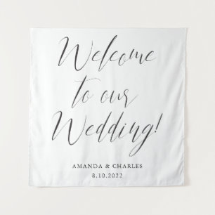 Tenture Élégante calligraphie noir blanc Mariage Bienvenue