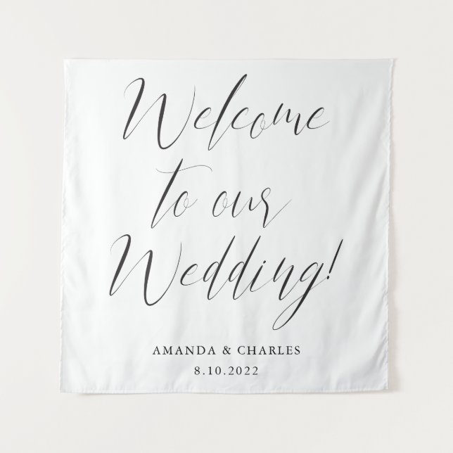 Tenture Élégante calligraphie noir blanc Mariage Bienvenue (Devant)