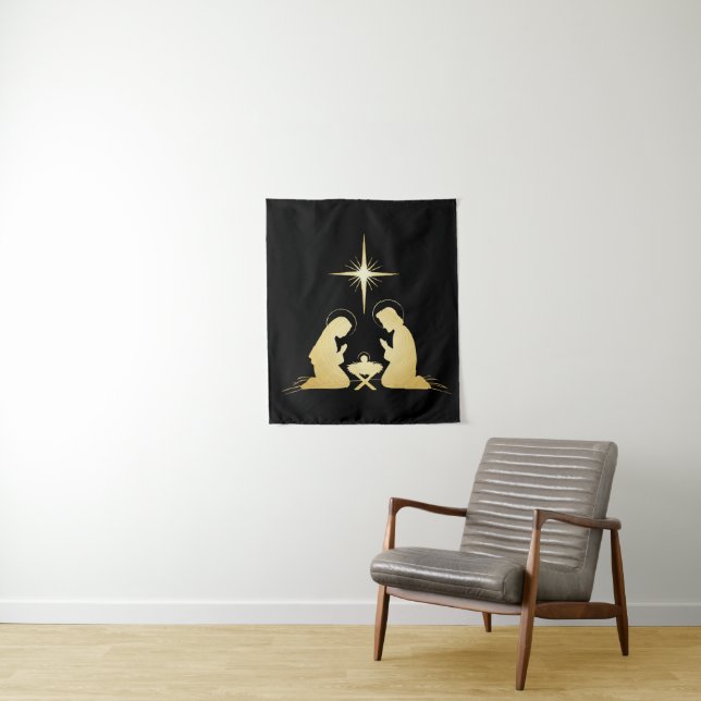 Tenture Élégante crèche d'or | Chrétien moderne (En situation)