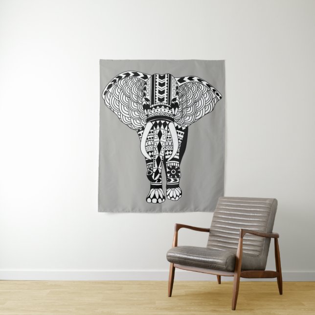 Tenture Eléphant à motifs tribaux de Bohême moderne (En situation)