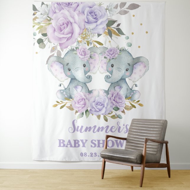 Tenture Elephant violet Baby shower à jumeaux floraux Cont (En situation)
