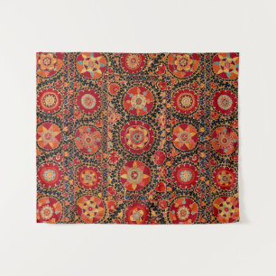 TENTURE EMBROIDÈRE FLORALE OUZBEK D'ORANGE ROUGE ANTIQUE