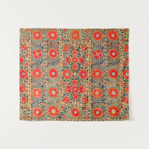 TENTURE EMBROIDÈRE FLORALE OUZBEK ROUGE ORANGE ANTIQUE