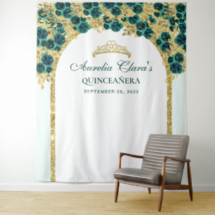 Tenture Emerald Floral Princesse Or Couronne Quinceanera