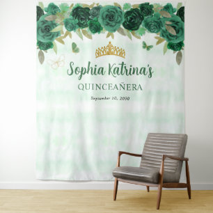 Tenture Emerald Green Floral Princess Quinceañera