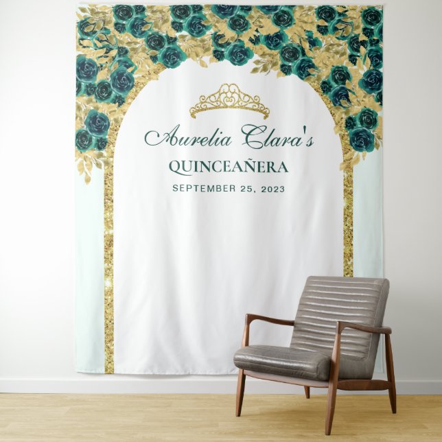 Tenture Emeraude Fleur Princesse Or Arche Quinceanera (En situation)