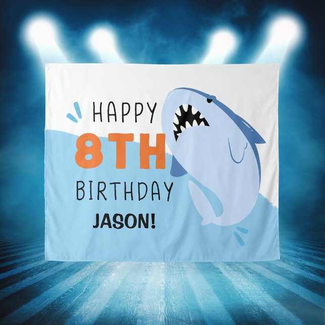 Tenture Enfants 8e requin Fond d'Anniversaire personnalisé (Kids 8th Shark Birthday Backdrop Custom
)