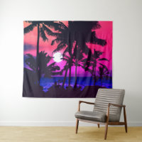 Été Tropical Neon Rose Bleu Palmiers Coucher de so