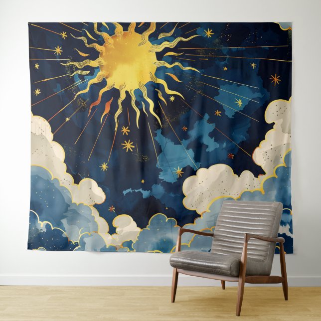 Tenture Étoiles célestes et nuages bleus modernes (En situation (horizontale))