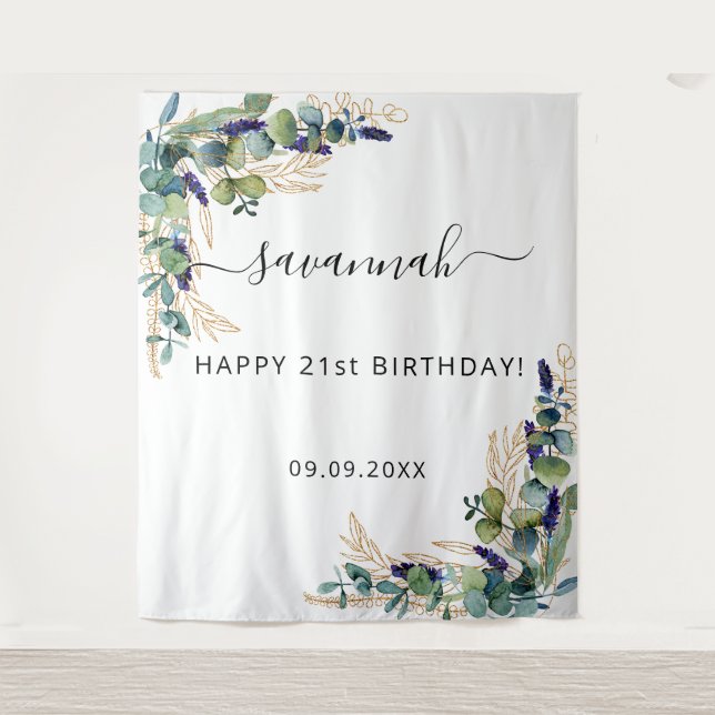 Tenture Eucalyptus de fête en verdure monogramme doré (Devant)