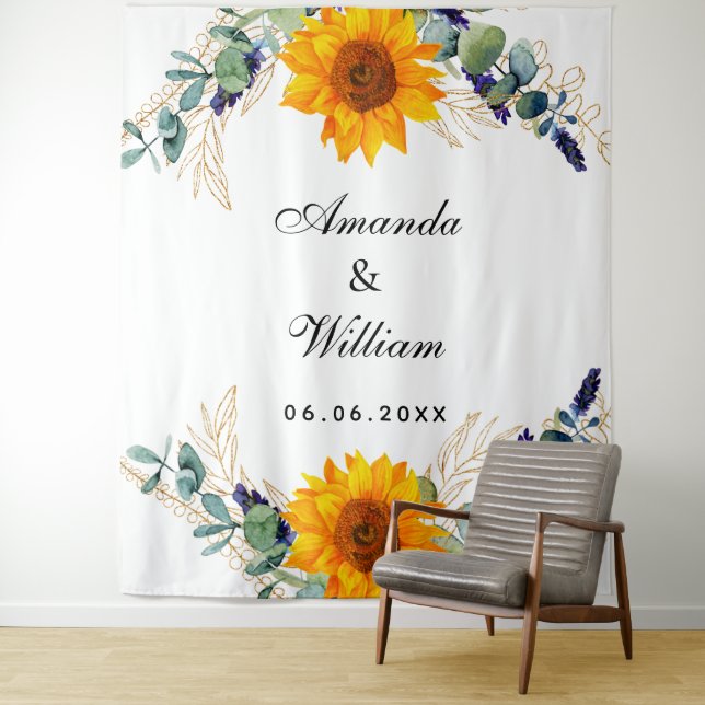 Tenture Eucalyptus de mariage verdure monogramme tournesol (En situation)
