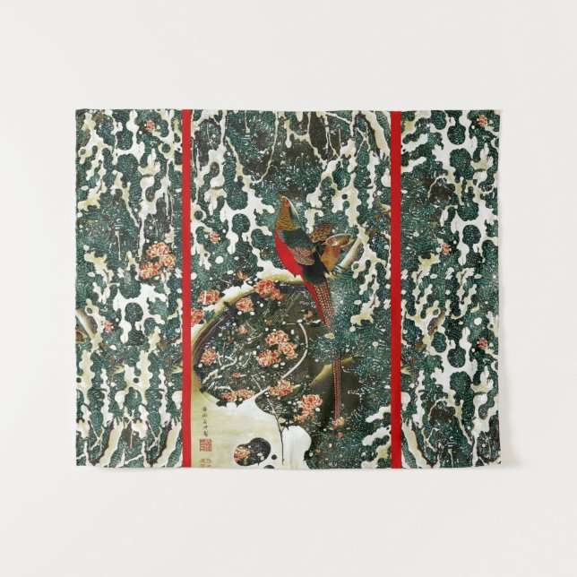 Tenture Faisans dans la neige, pin, roses, fleurs japonais (Devant (Horizontal))