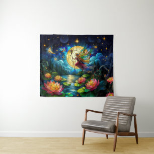 Tenture Fée de vol au clair de lune en verre coloré