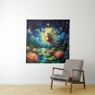 Tenture Fée de vol au clair de lune en vitrail 