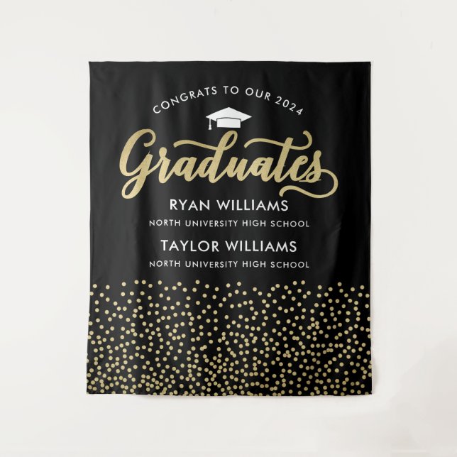 Tenture Félicitations Deux Diplômés Black Gold Confetti Pa (Devant)