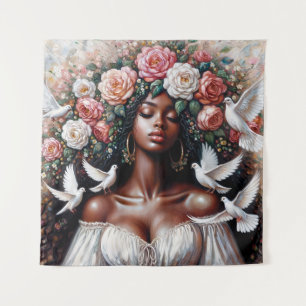 Tenture Femme noire avec colombes et fleurs