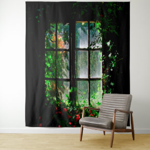 Tenture Fenêtre de jardin en rouge vert noir