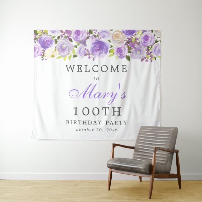 Tenture Fête d'anniversaire 100 ans Rose Violet Floral (En situation (horizontale))